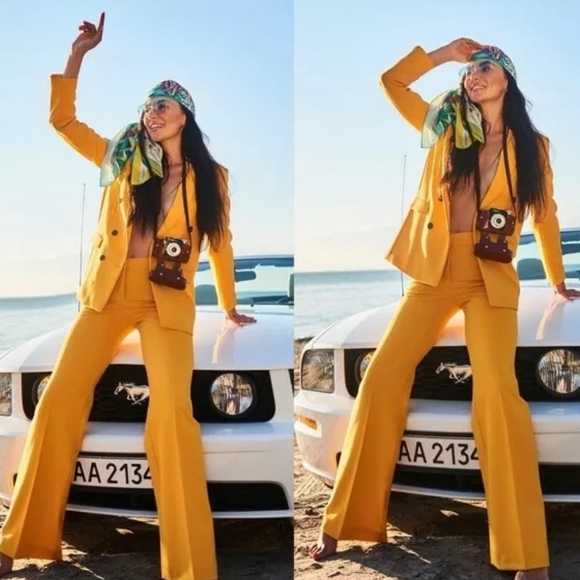 NWT ZARA MUSTARD YELLOW FLARED PANTS TROUSERS - Picture 4 of 8